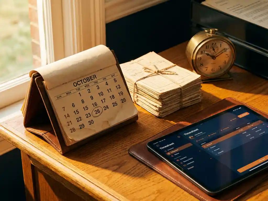 Opengeslagen leren bureaukalender met urenstaten en tablet met digitale tijdregistratie-app op eikenhouten bureau.