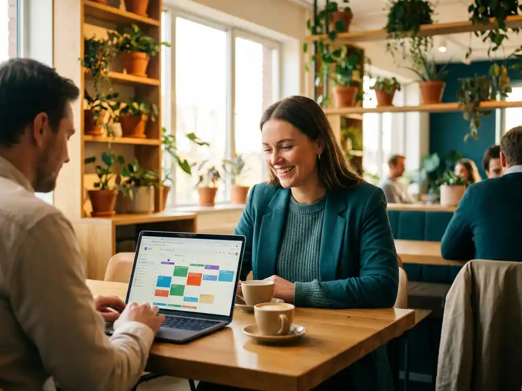 Vrouwelijke manager begeleidt collega bij planningsdashboard op laptop in warm ingericht café-stijl kantoor met houten accenten en groen.