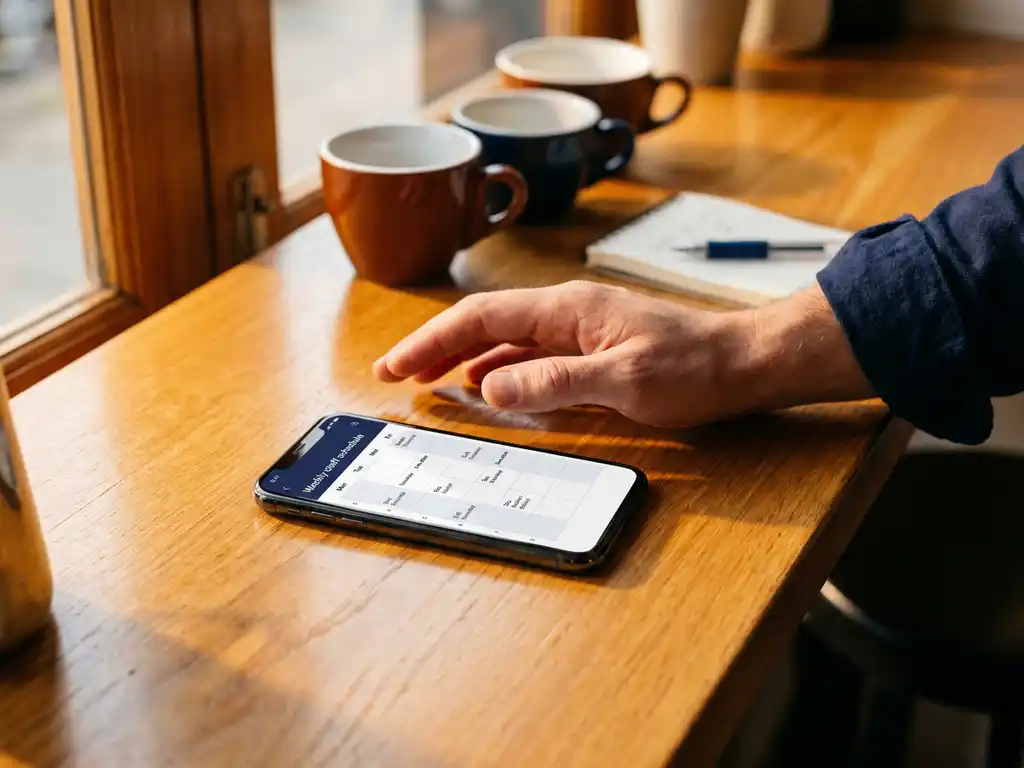 Smartphone met wekelijks personeelsrooster op een cafétoonbank, met espressokopjes op de achtergrond in warm goudkleurig licht.