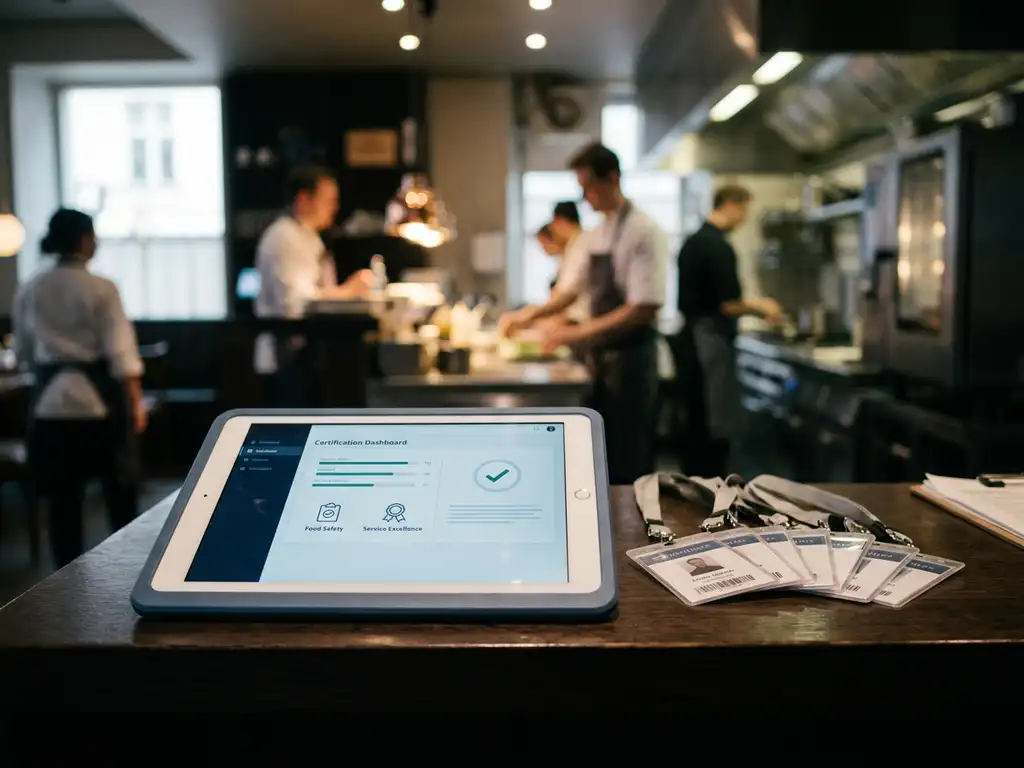 Tablet met digitaal certificeringsdashboard op een horecakantoor, omringd door medewerkerscredentials en een wazig restaurantinterieur.