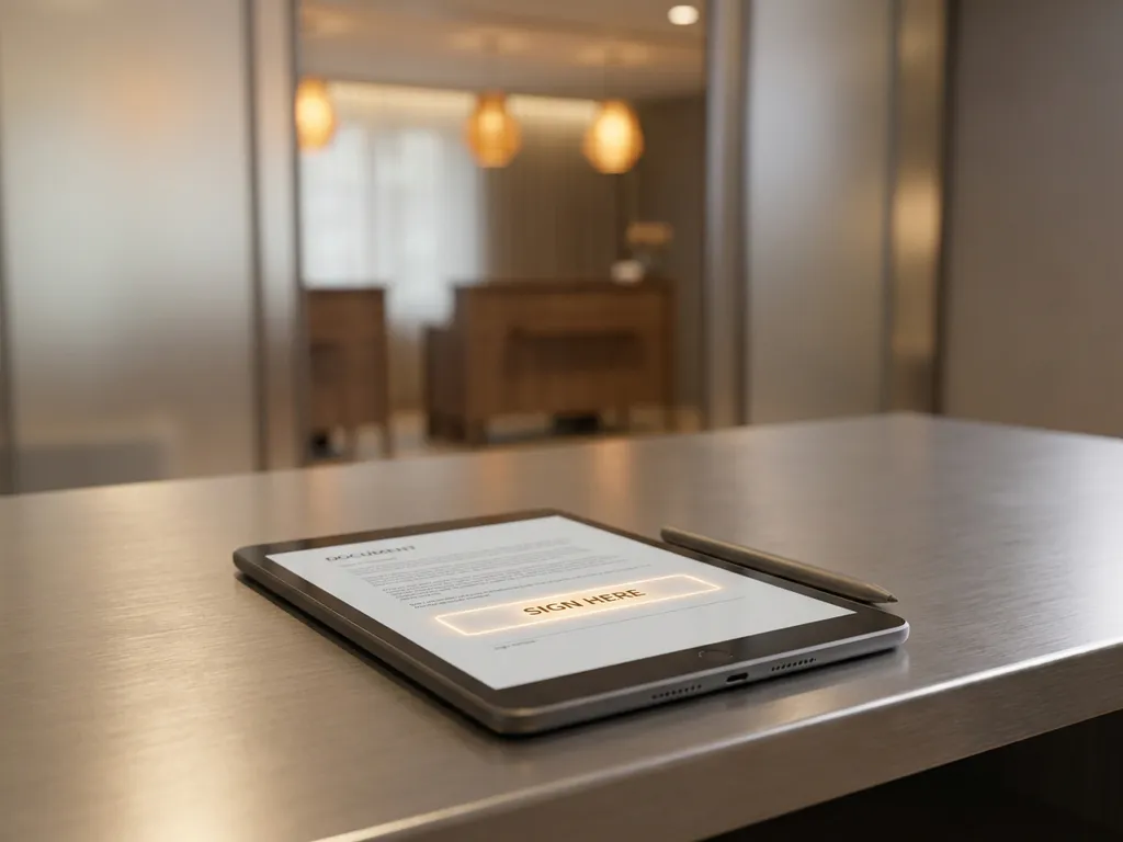 Tablet met digitaal contract en verlicht handtekeningveld op hotelkantoor, warme receptie op de achtergrond.