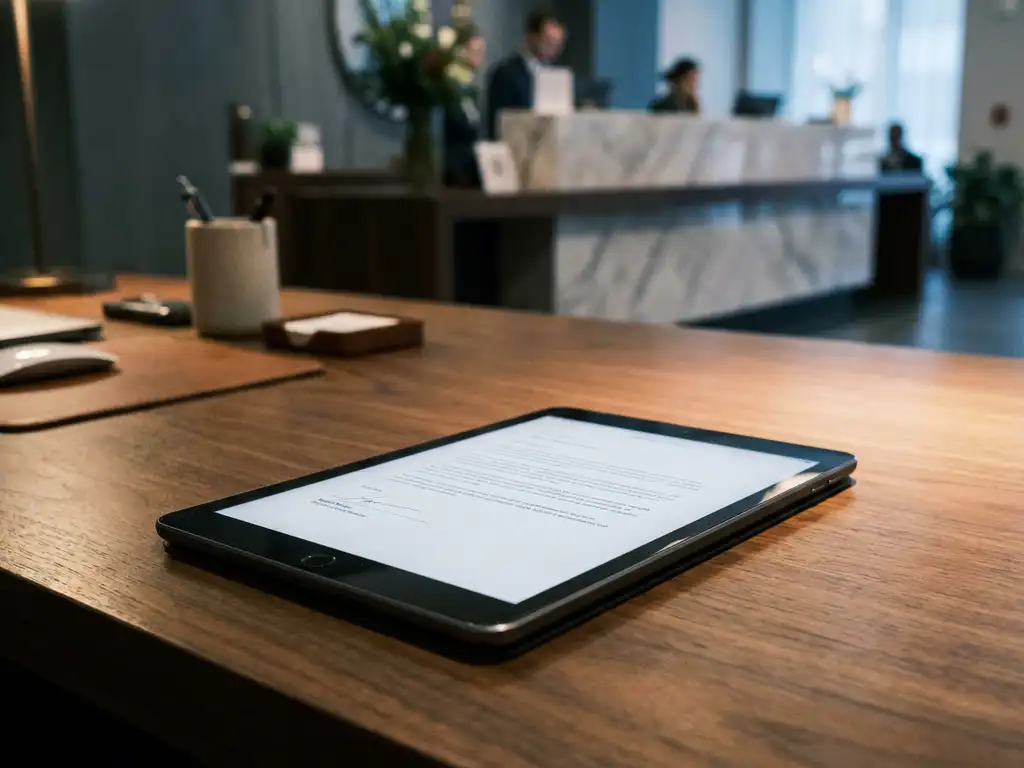 Tablet met digitaal contractdocument op hotelkantoorbureau, met onscherpe receptiebalie op de achtergrond.