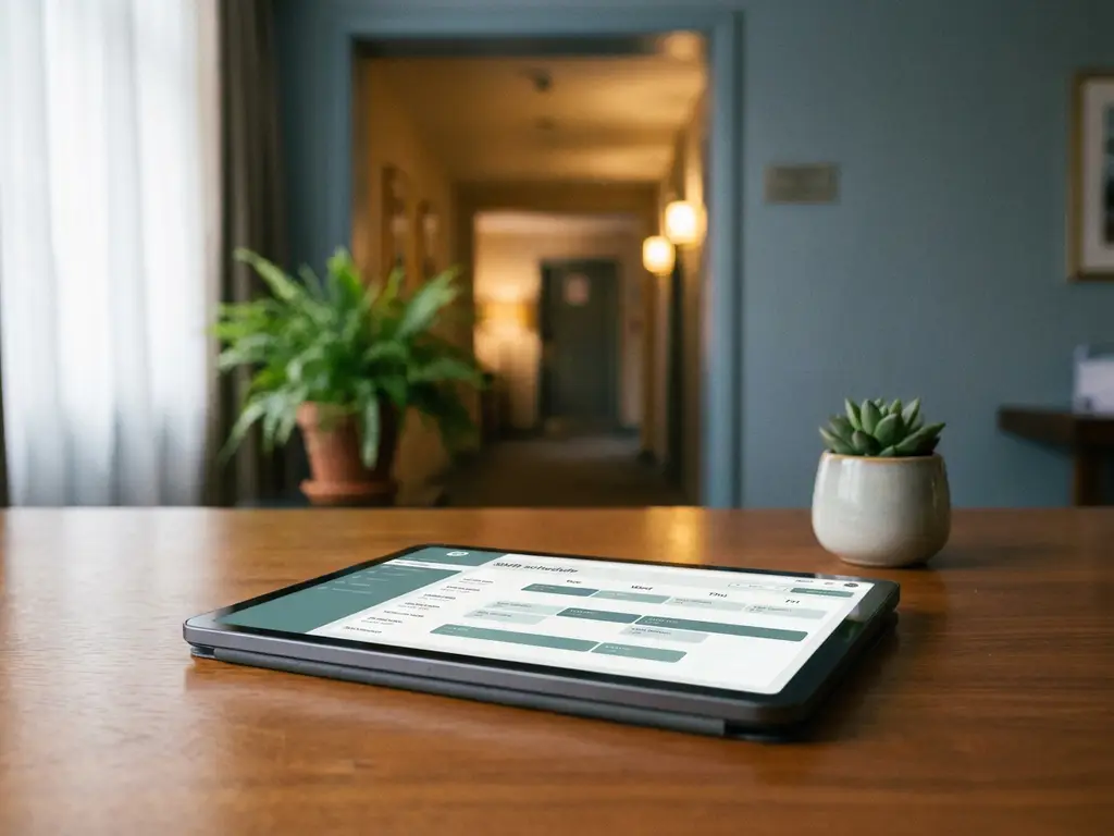Tablet met digitaal dienstrooster op bureaublad, met wazige hotelreceptie op de achtergrond en een kamerplant.