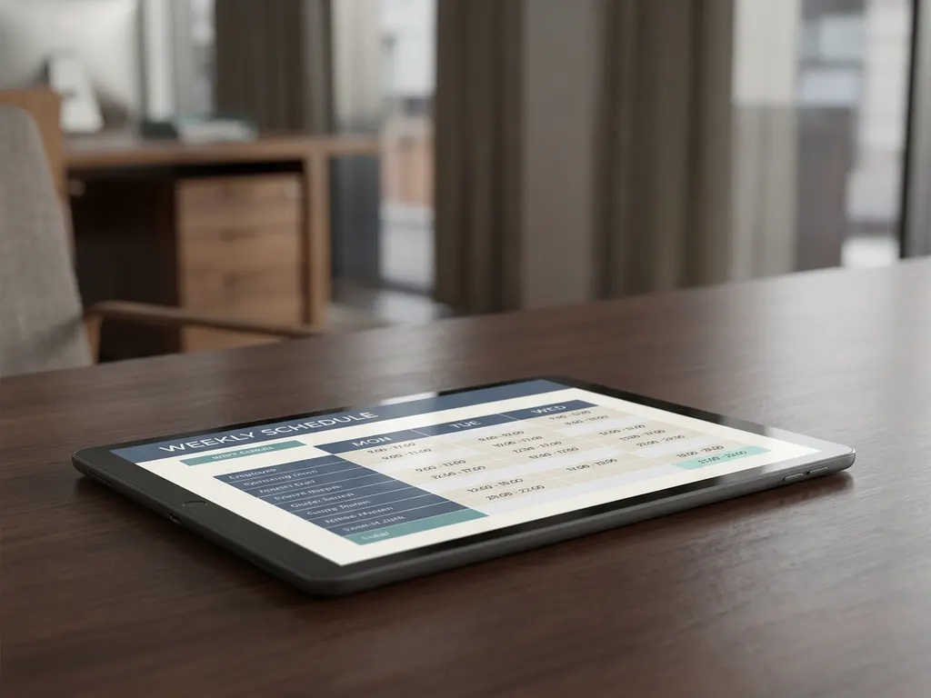Tablet met digitaal dienstroooster op een bureau in een horecakantoor, met hotelreceptie op de achtergrond.