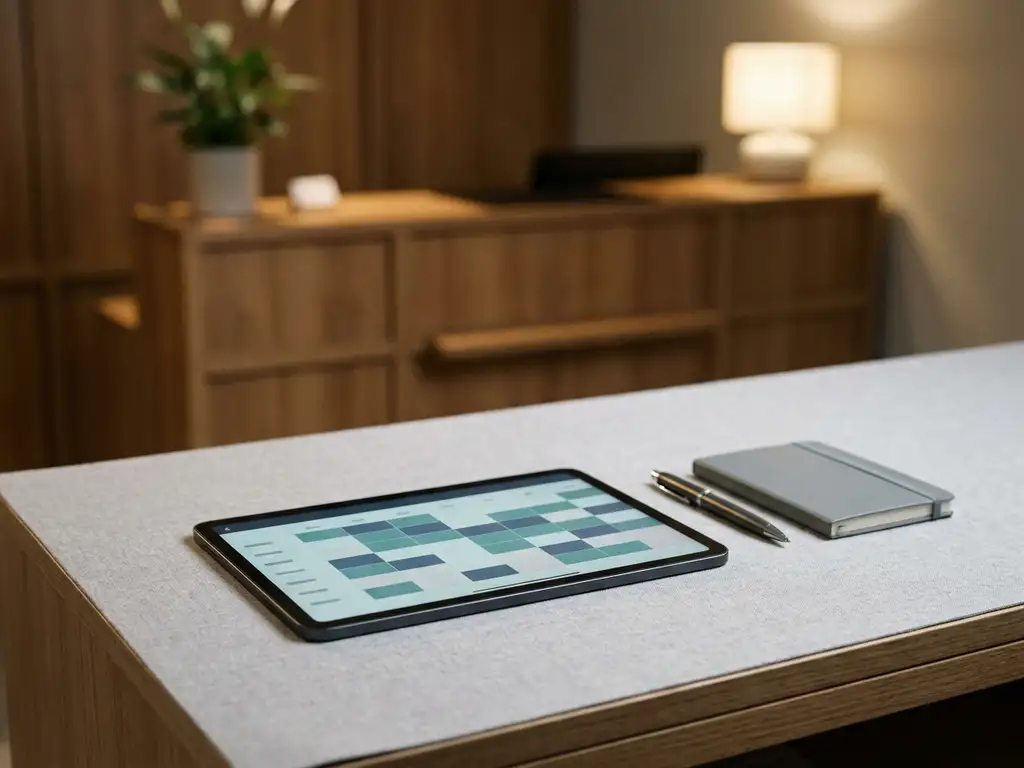 Tablet met kleurgecodeerd digitaal dienstroooster op bureautafel, onscherpe hotelreceptie op achtergrond, pen en notitieboekje ernaast.