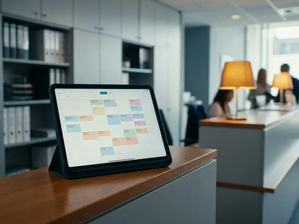 Tablet met digitaal dienstroster op een backoffice-balie, met een onscherpe hotelreceptie op de achtergrond.