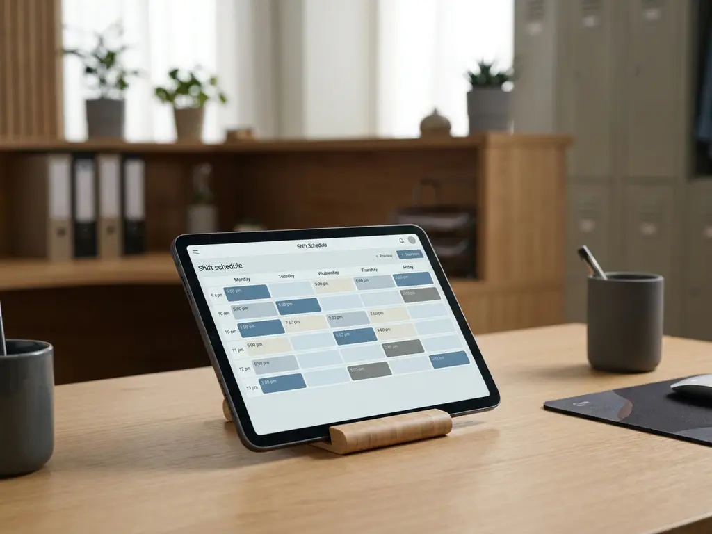 Tablet met kleurgecodeerd digitaal dienstroosters op bureautafel, met wazige hotelreceptie en personeelslockers op de achtergrond.