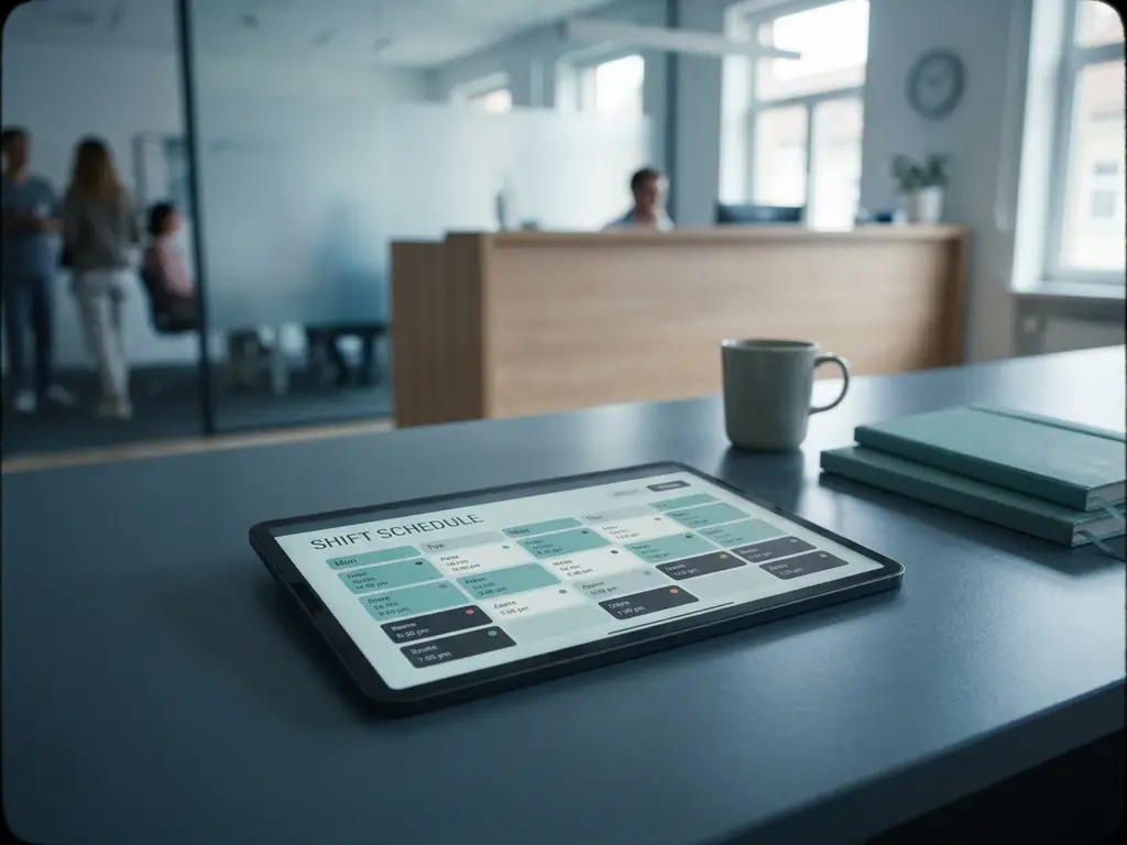 Tablet met kleurgecodeerd digitaal rooster op bureautafel, met wazig hotelreceptie op de achtergrond.