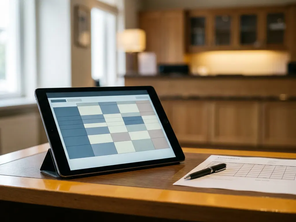 Tablet met kleurgecodeerd digitaal dienstroosters op een nette backoffice-bureau, hotelreceptie zichtbaar op de achtergrond.