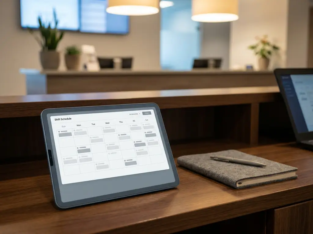 Tablet met digitaal dienstroster op een opgeruimd back-office bureau, hotelreceptie zichtbaar op de achtergrond.