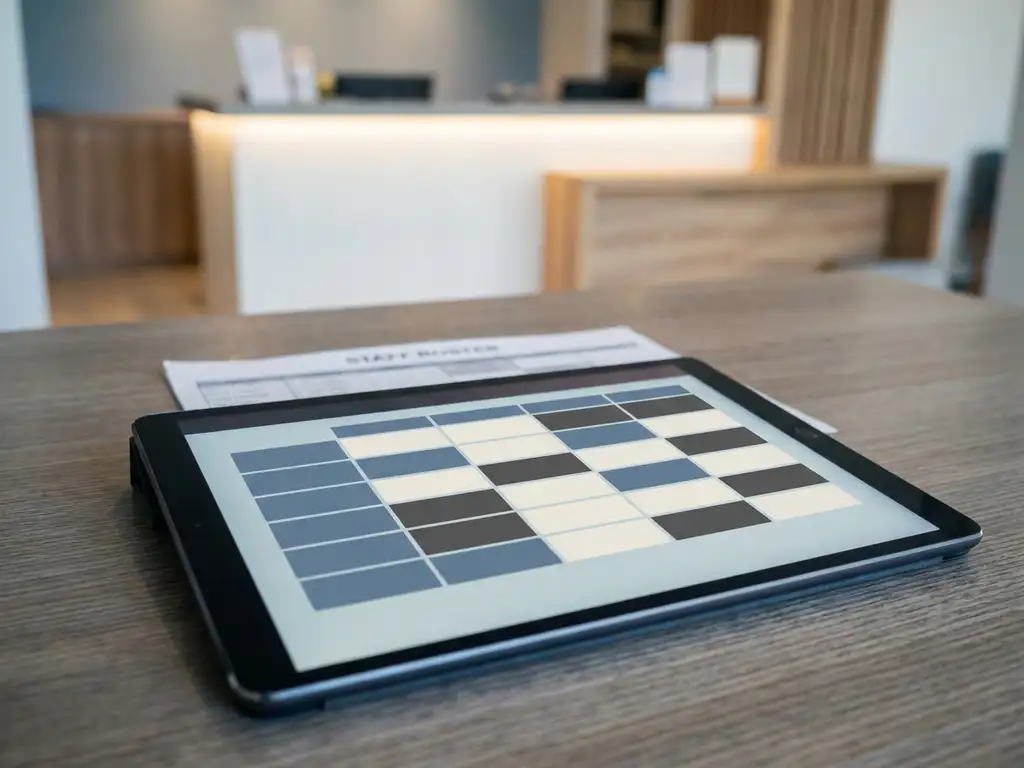 Tablet met digitaal kleurgecodeerd dienstroosters op bureautje, gedrukte personeelslijst eronder, hotelreceptie op de achtergrond.