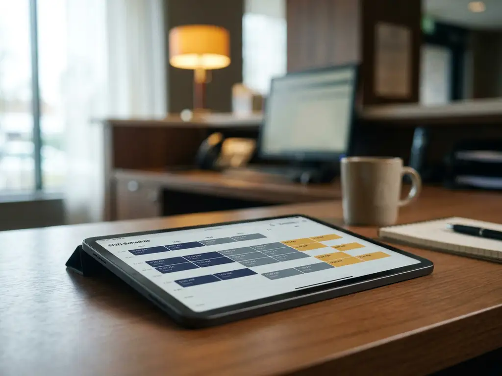 Tablet met kleurgecodeerd digitaal dienstroooster op bureautje in hotelbackoffice, receptiebalie zichtbaar op achtergrond.