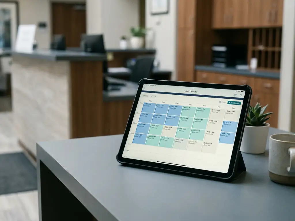 Tablet op bureautafel toont digitaal kleurgecodeerd dienstroosters, met hotelreceptie op de achtergrond.