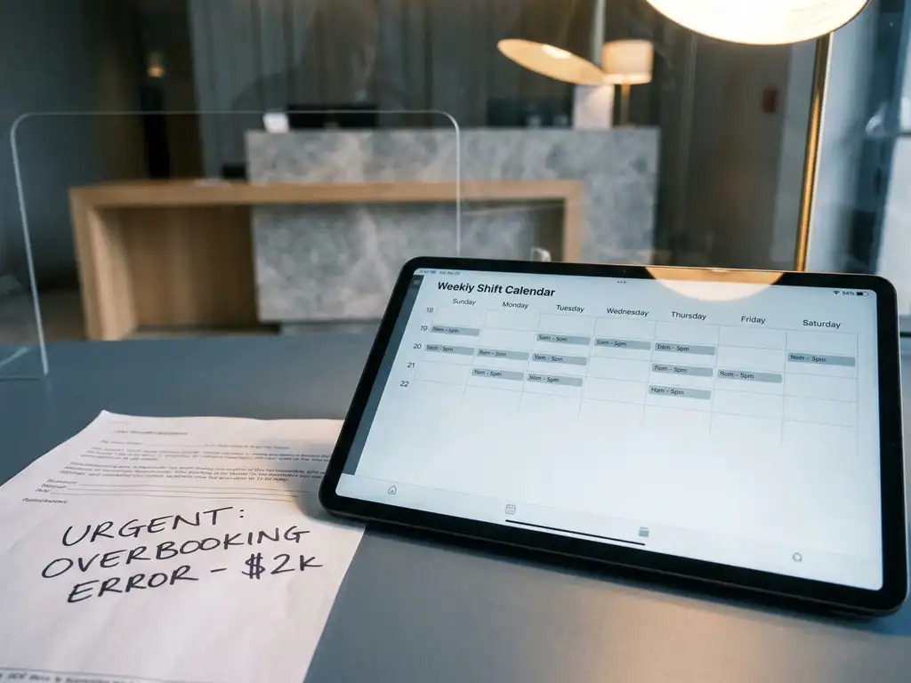 Tablet met digitaal dienstroooster op kantoor, vervaagde hotelreceptie op achtergrond, papieren document ernaast als teken van inefficiëntie.