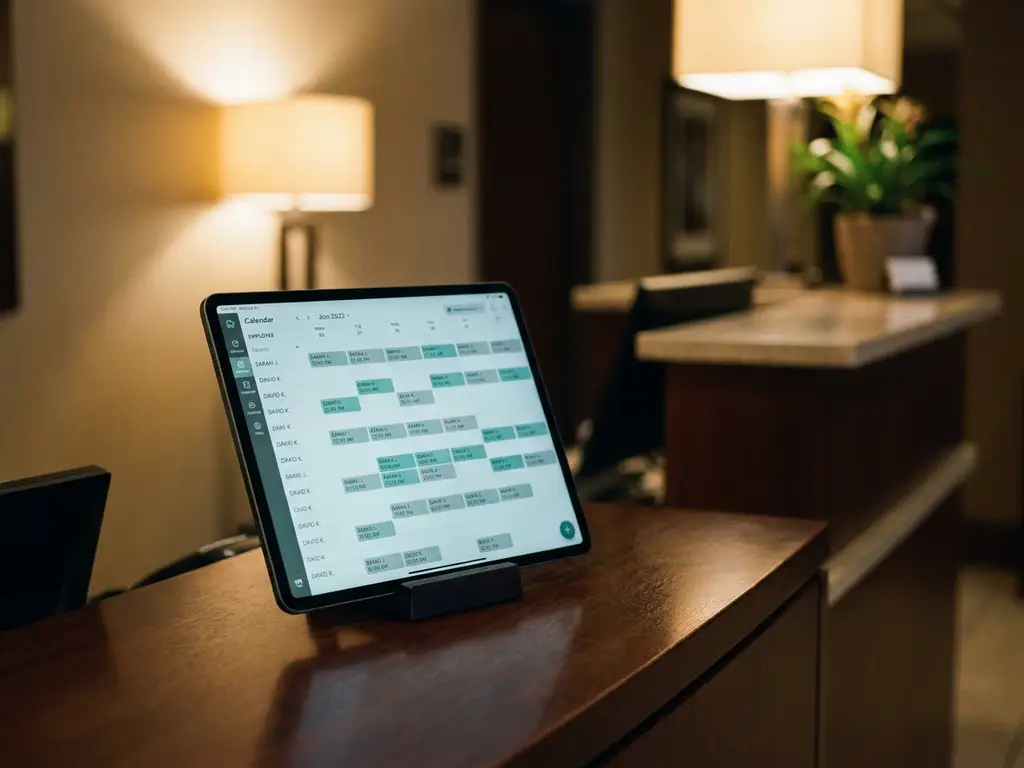 Tablet met digitaal dienstroosters op een hotelkantoor bureau, met onscherpe receptiebalie op de achtergrond.
