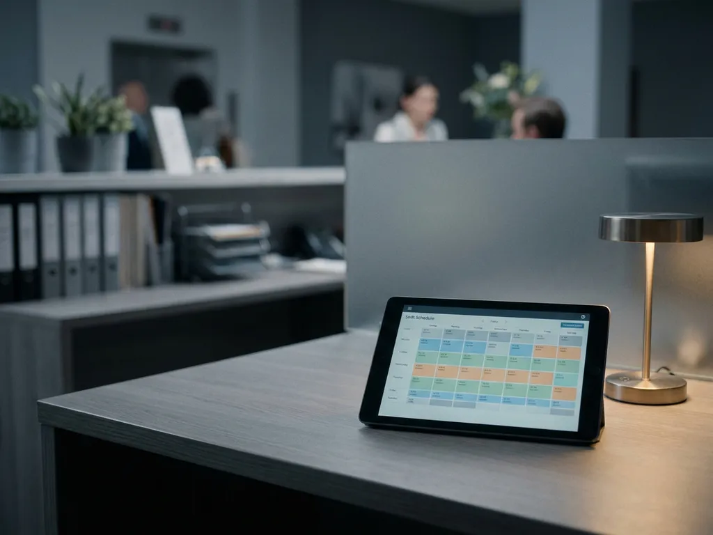 Tablet met kleurgecodeerd digitaal dienstroooster op een backoffice bureau, met een wazig hotelreceptie op de achtergrond.