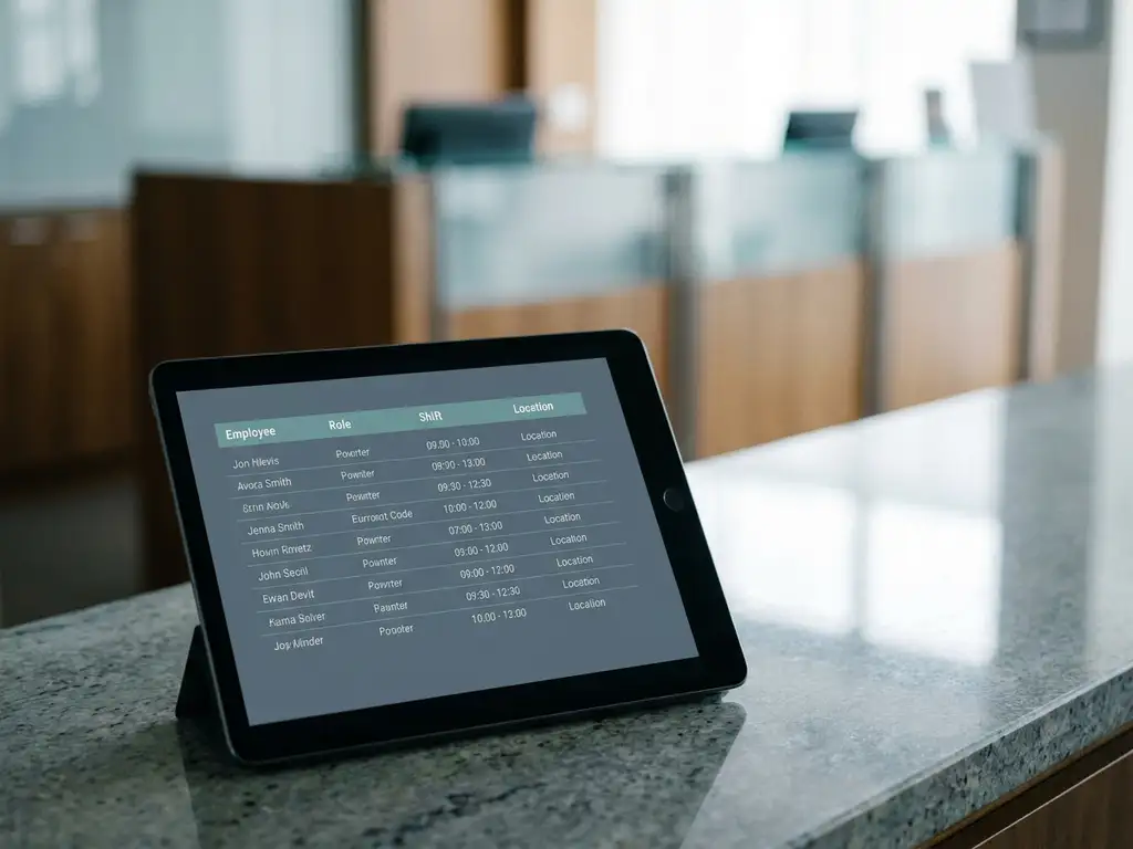 Tablet met digitaal dienstroooster op hotelkantoor, met onscherpe receptie op de achtergrond.