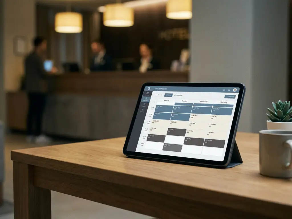Tablet met kleurgecodeerd digitaal dienstroooster op een bureau in een hotelbackoffice, met receptiebalie op de achtergrond.