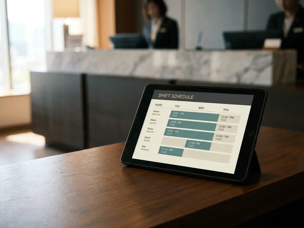 Tablet met digitaal dienstroster op kantoorvloer, met onscherpe hotelreceptie op de achtergrond.
