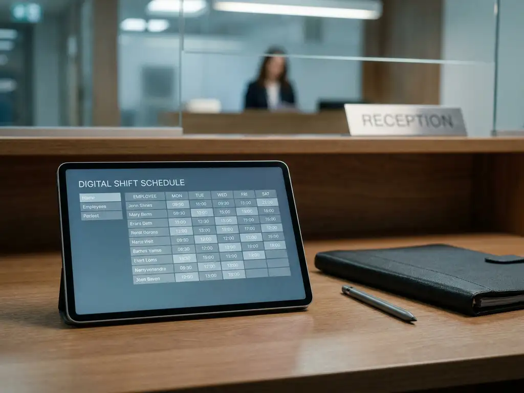 Tablet met digitaal dienstroooster op een hotelkantoor bureau, met een personeelsmap en stylus, receptie op de achtergrond.