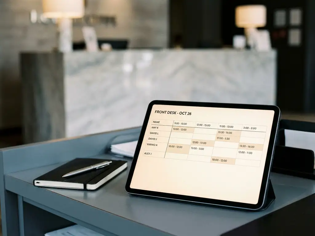 Tablet met digitaal dienstroosters op een opgeruimd bureau, hotelreceptie zichtbaar op de achtergrond, pen en notitieboekje ernaast.