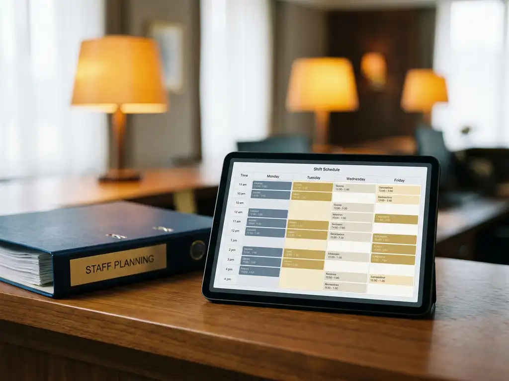 Tablet met kleurgecodeerd digitaal dienstroooster op bureautje, met personeelsplanner en wazige hotelreceptie op de achtergrond.