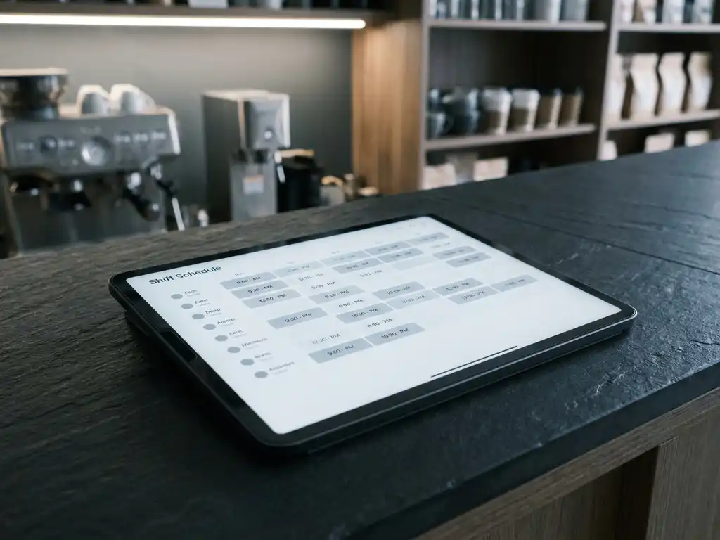 Tablet met digitaal dienstroster op een donker cafétoonbank, espressomachine zichtbaar op de achtergrond.
