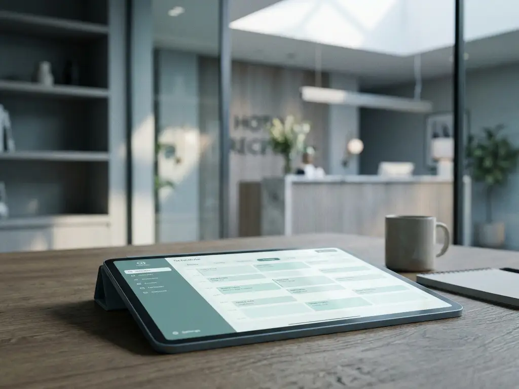 Tablet met digitaal dienstroosters op een backoffice bureau, met een vage hotelreceptie op de achtergrond.