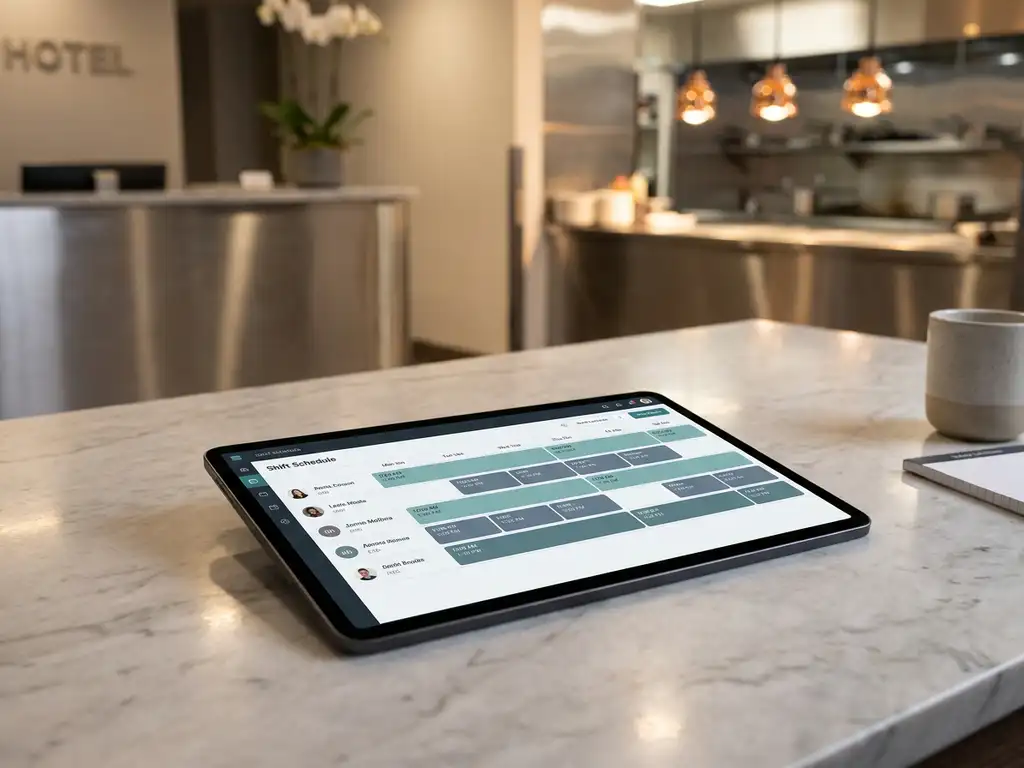 Tablet met digitaal dienstroster op marmeren bureauoppervlak, met onscherpe horecaomgeving op de achtergrond.