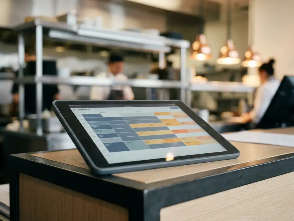Tablet met kleurgecodeerd digitaal rooster op een bureau, met vage hotelreceptie op de achtergrond.