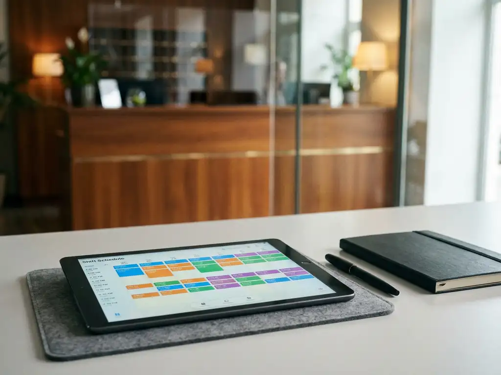 Tablet met kleurgecodeerd digitaal dienstroooster op een hotelkantoor, pen en notitieboek ernaast, receptie op de achtergrond.