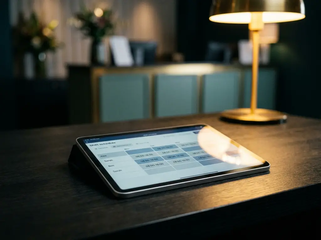 Tablet met digitaal dienstroosters op donker bureauoppervlak, hotelreceptie zichtbaar op de achtergrond.