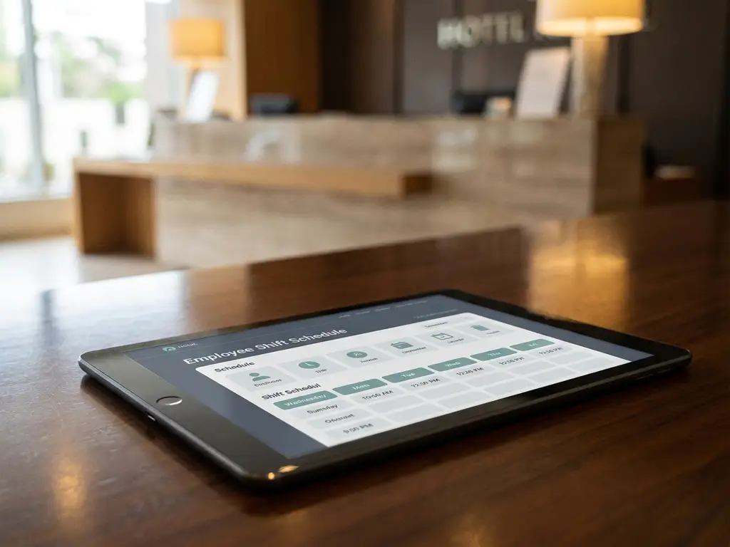 Tablet met digitaal dienstroster op bureautafel, met onscherpe hotelreceptie op de achtergrond.