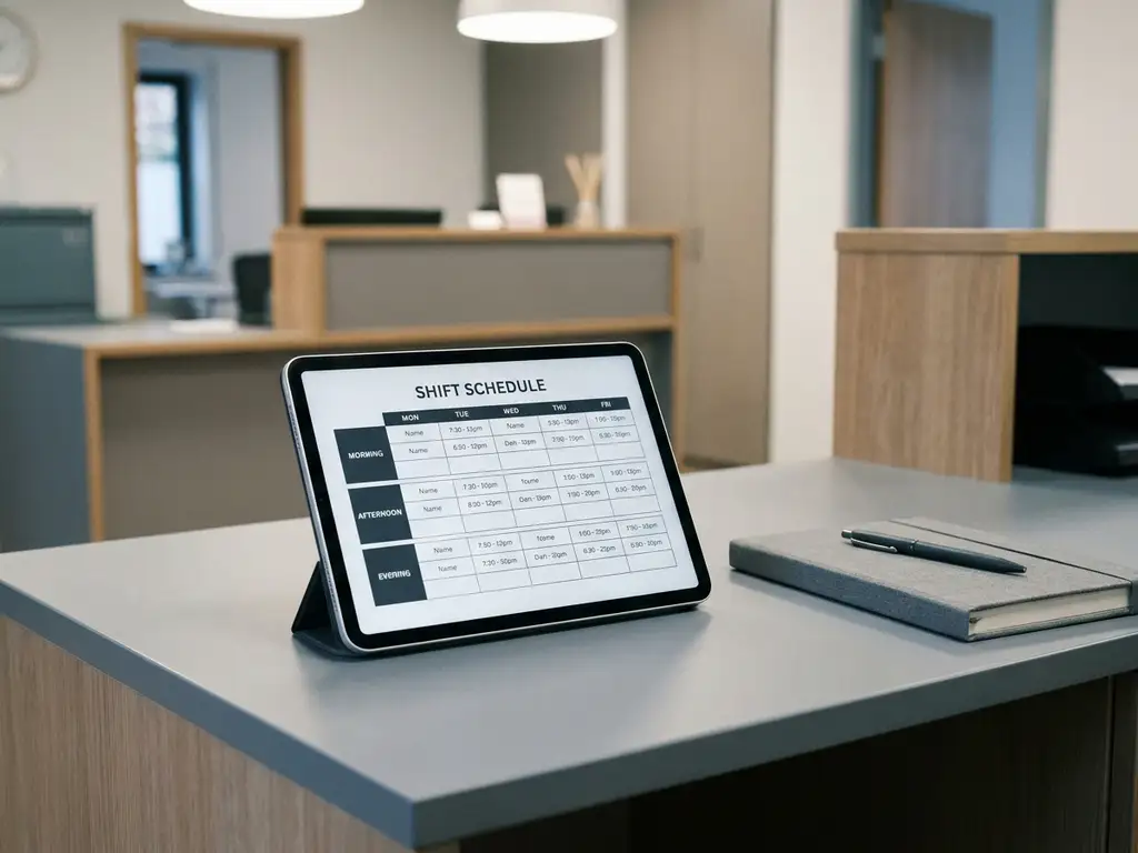 Tablet op bureaublad met digitaal dienstroosters, onscherpe hotelreceptie op achtergrond, notitieboek en pen ernaast.