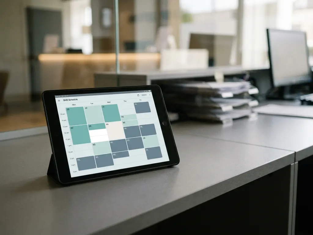 Tablet met kleurgecodeerd digitaal dienstroooster op bureautje, met wazig hotelreceptie op de achtergrond.