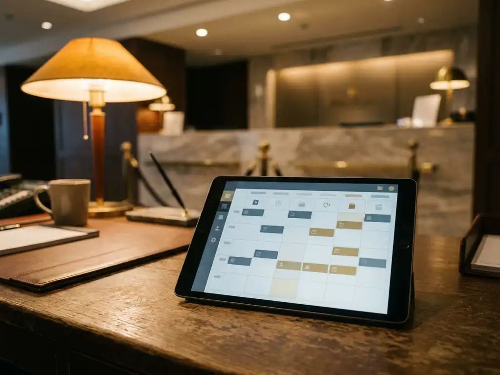 Tablet met digitaal dienstroooster op donker bureau, hotelreceptie zichtbaar op de achtergrond, verlicht door warm amberkleurig licht.