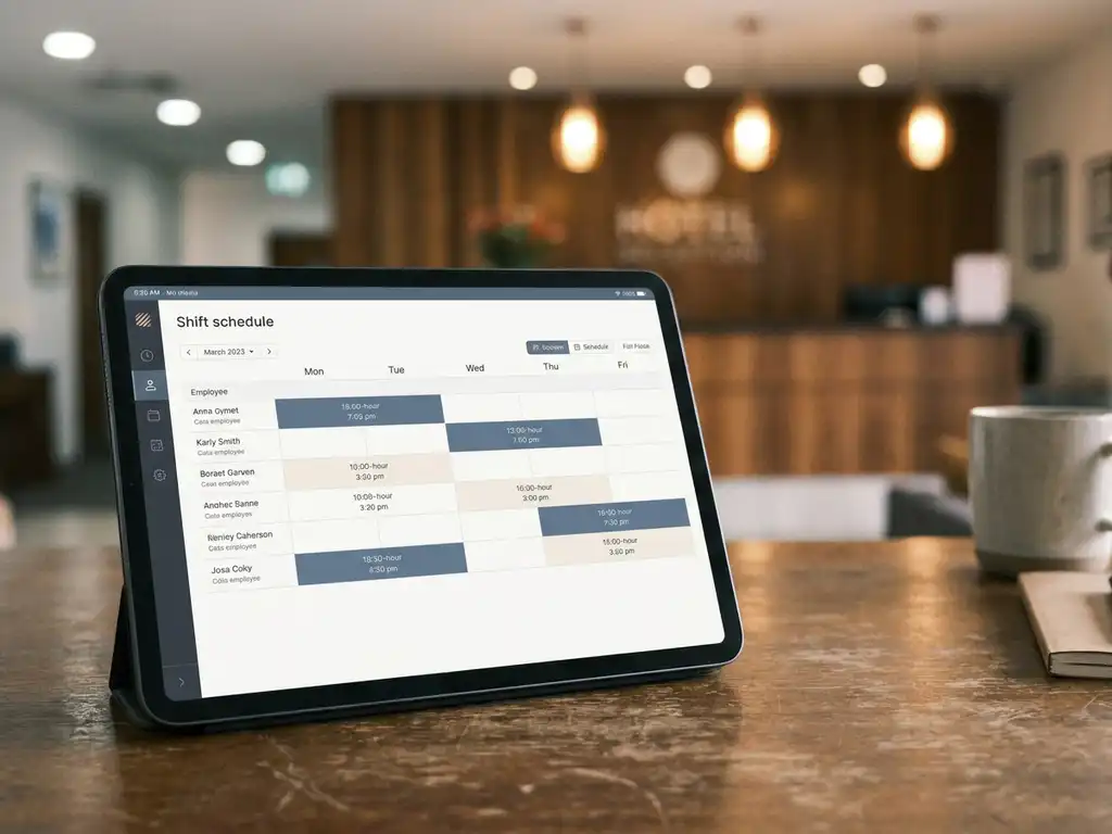 Tablet met digitaal dienstroosters op donker bureau, met wazig hotelreceptie op de achtergrond.