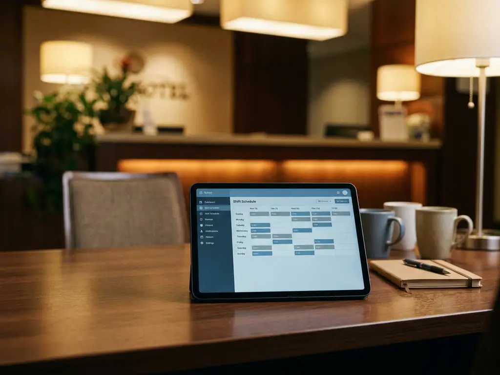 Tablet met digitaal dienstroooster op een hotelkantoor bureau, met een wazige receptiebalie op de achtergrond.