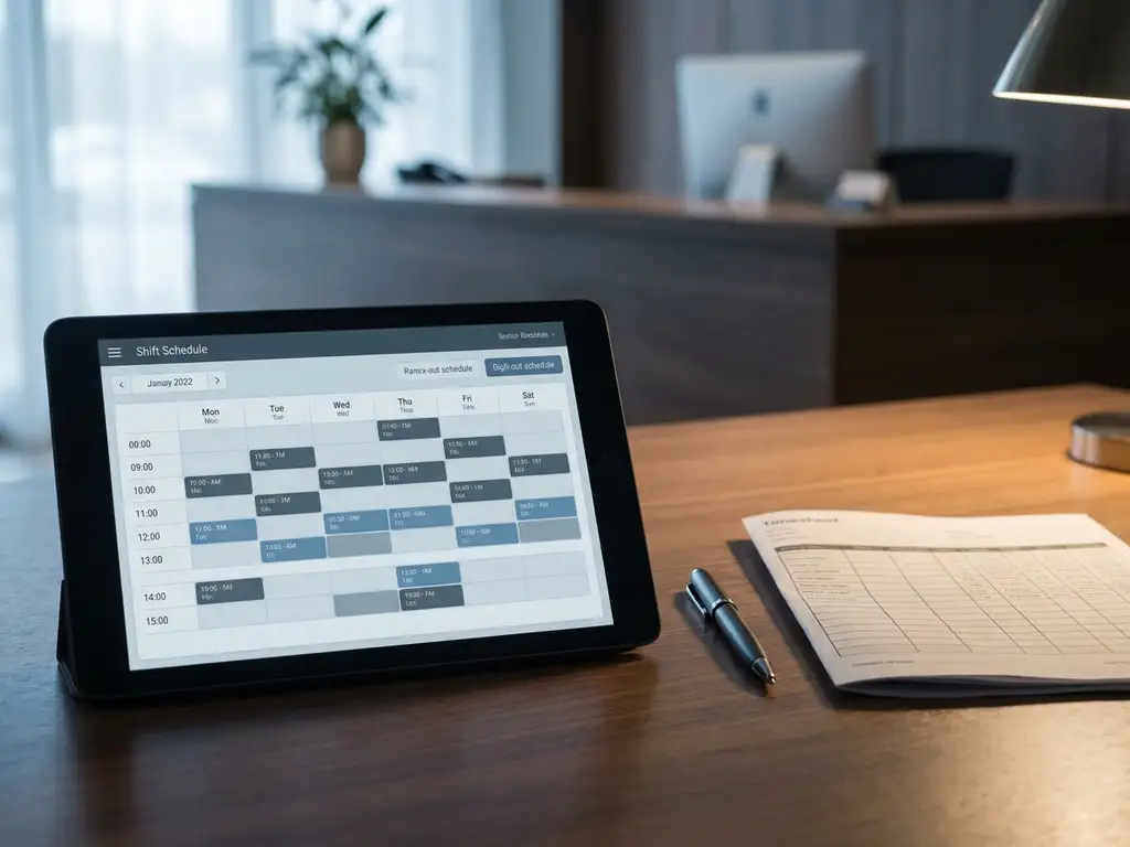 Tablet met digitaal dienstroooster op bureauoppervlak, pen en uitgeprinte tijdlijst ernaast, hotelreceptie zichtbaar op achtergrond.