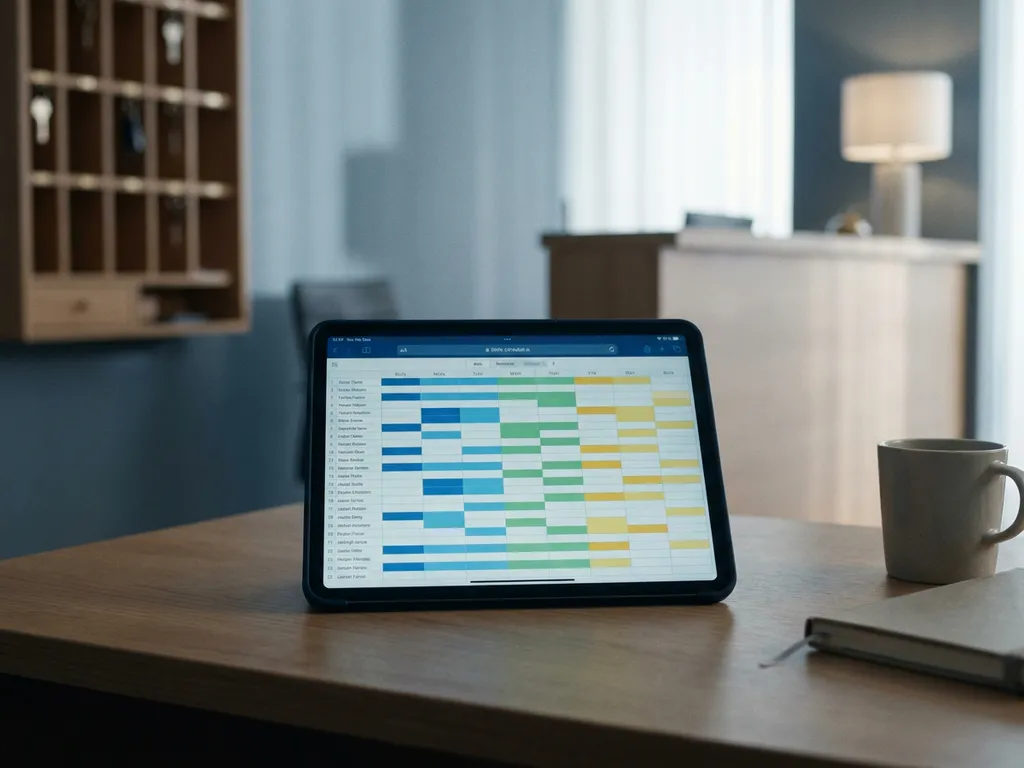 Tablet met kleurgecodeerd digitaal dienstrooster op hotelbureau, met vage receptie en sleutelkast op achtergrond.
