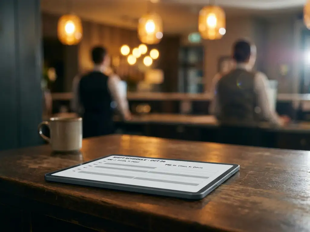 Tablet met digitaal dienstroooster op donker bureau, warme hotelreceptie zichtbaar op de achtergrond.