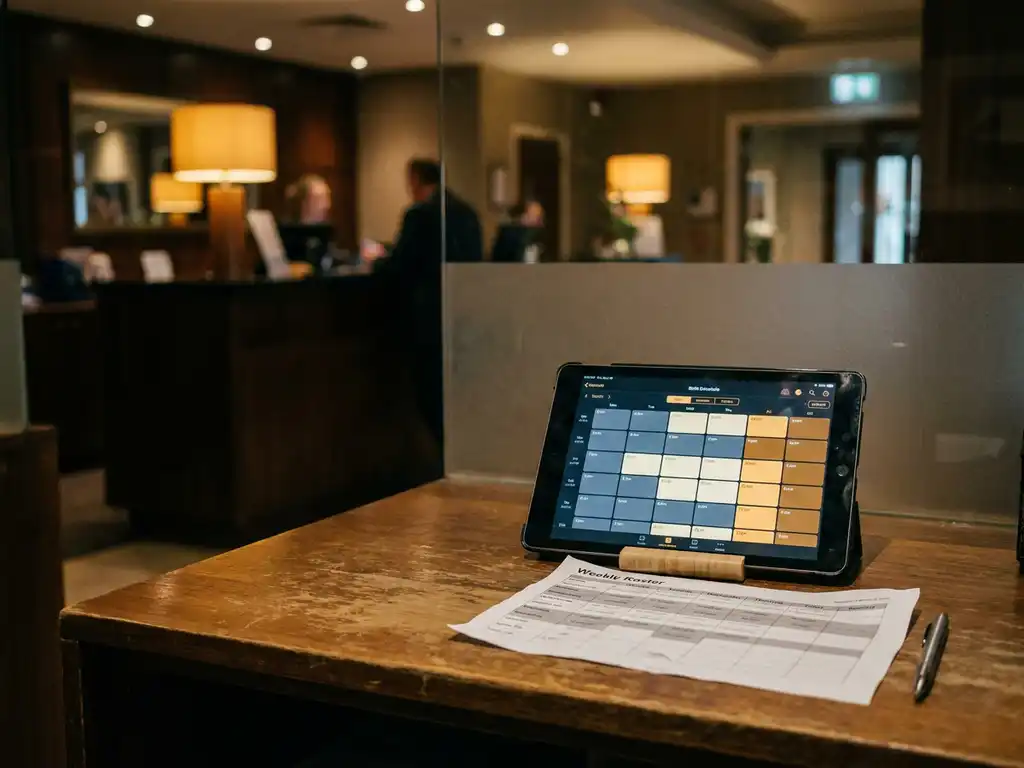 Tablet met kleurgecodeerd digitaal dienstroooster op bureautje, gedrukt weekrooster en pen op de voorgrond, hotelreceptie zichtbaar op achtergrond.