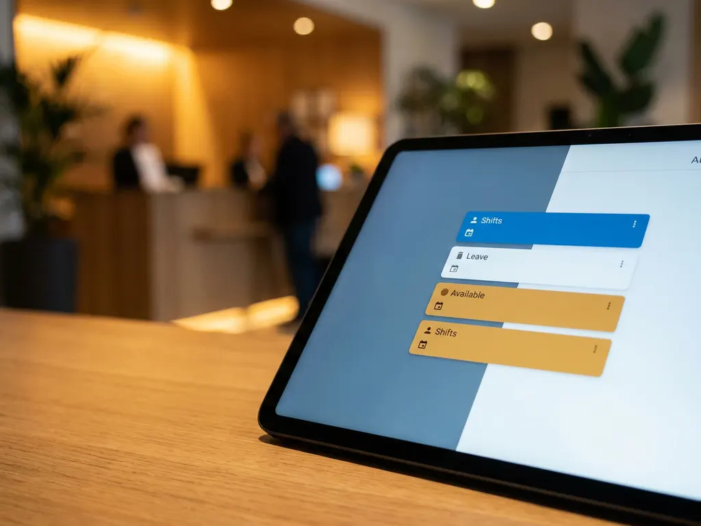 Tablet met kleurgecodeerde digitale dienstroosters en verlofblokken op een bureautafel, met warme hotelreceptie op de achtergrond.