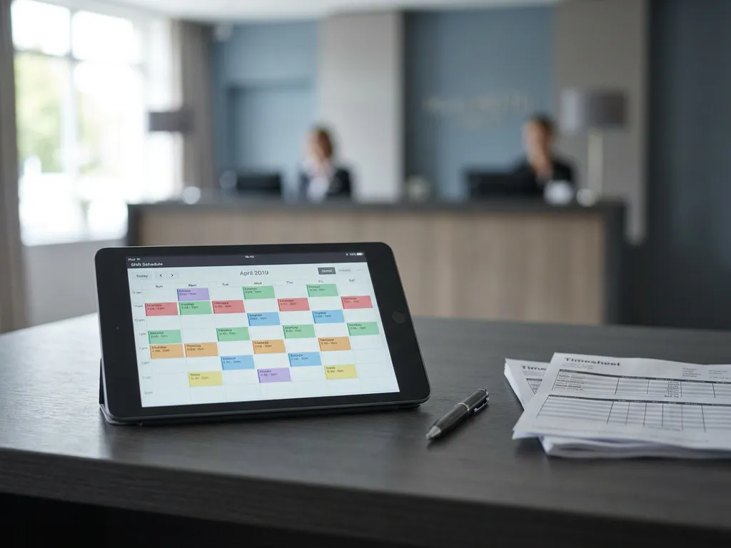 Tablet met kleurgecodeerd digitaal rooster op bureautafel, pen en uitgeprinte tijdlijst ernaast, hotelreceptie op de achtergrond.