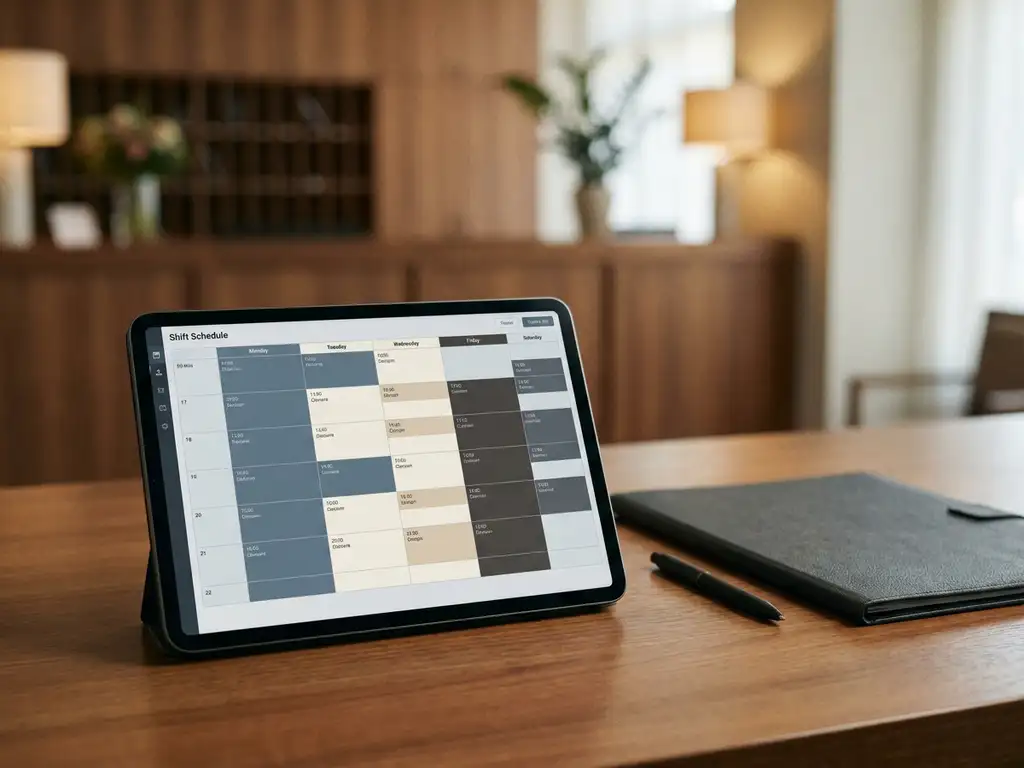 Tablet met kleurgecodeerd digitaal rooster op een back-office bureau, met een hotelreceptie op de achtergrond.
