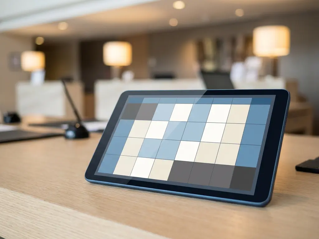 Tablet met kleurgecodeerd digitaal dienstrooster op bureau, met onscherpe hotelreceptie op de achtergrond.