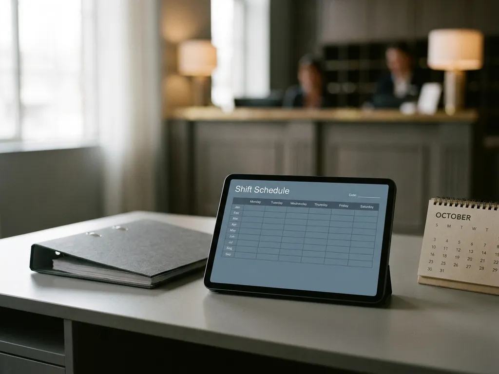 Tablet met digitaal dienstroooster op bureautafel, met een hotelreceptie op de achtergrond en een ringband en bureaukalender als rekwisieten.