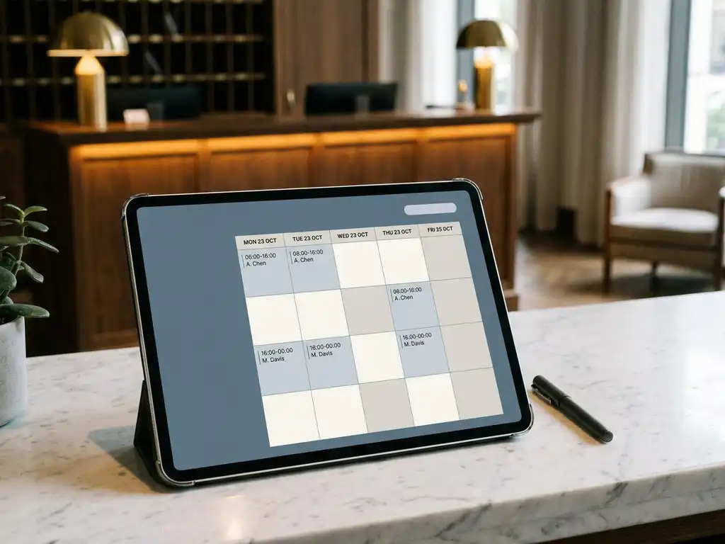 Tablet met digitaal dienstroooster op marmeren bureau in hotelkantoor, receptiebalie zichtbaar op de achtergrond.