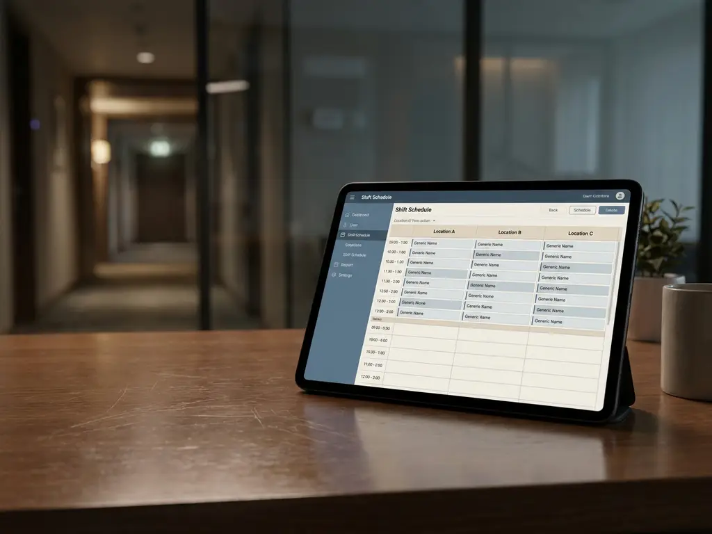 Tablet met digitaal dienstroster met meerdere locatiekolommen op een bureauoppervlak, met een hotelreceptie op de achtergrond.