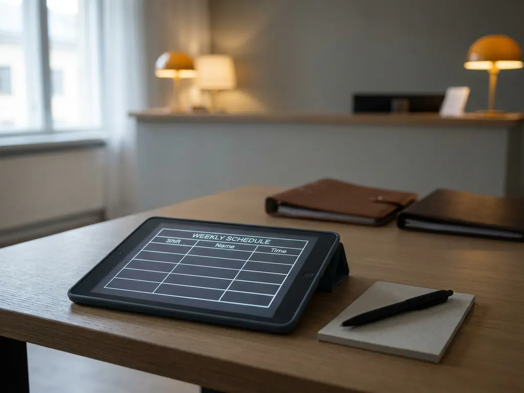Tablet met digitaal dienstroster op een nette backoffice-tafel, met een wazig hotelreceptie op de achtergrond.